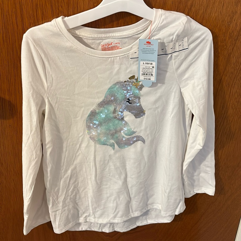 NWT Cat & Jack size L 10/12 long sleeve shirt with flip sequined unicorn
